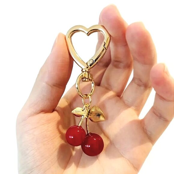 Cherry Bag Charm Sexy Sweet Bomb Purse Keychain Fruit Red Backpack Heart Gold - Picture 2 of 4
